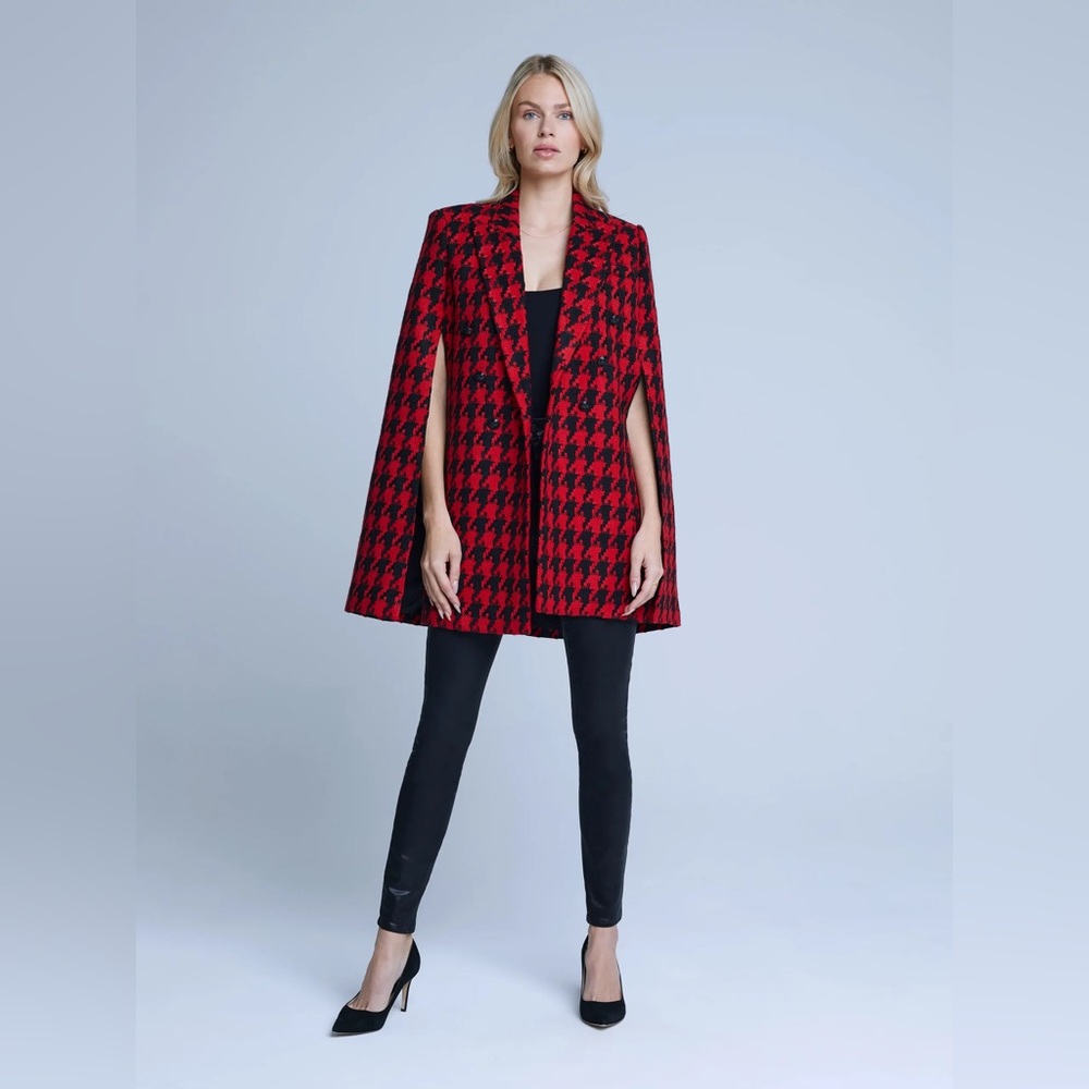 L'AGENCE Delta Blazer Cape in Red Dahlia & Black Houndstooth